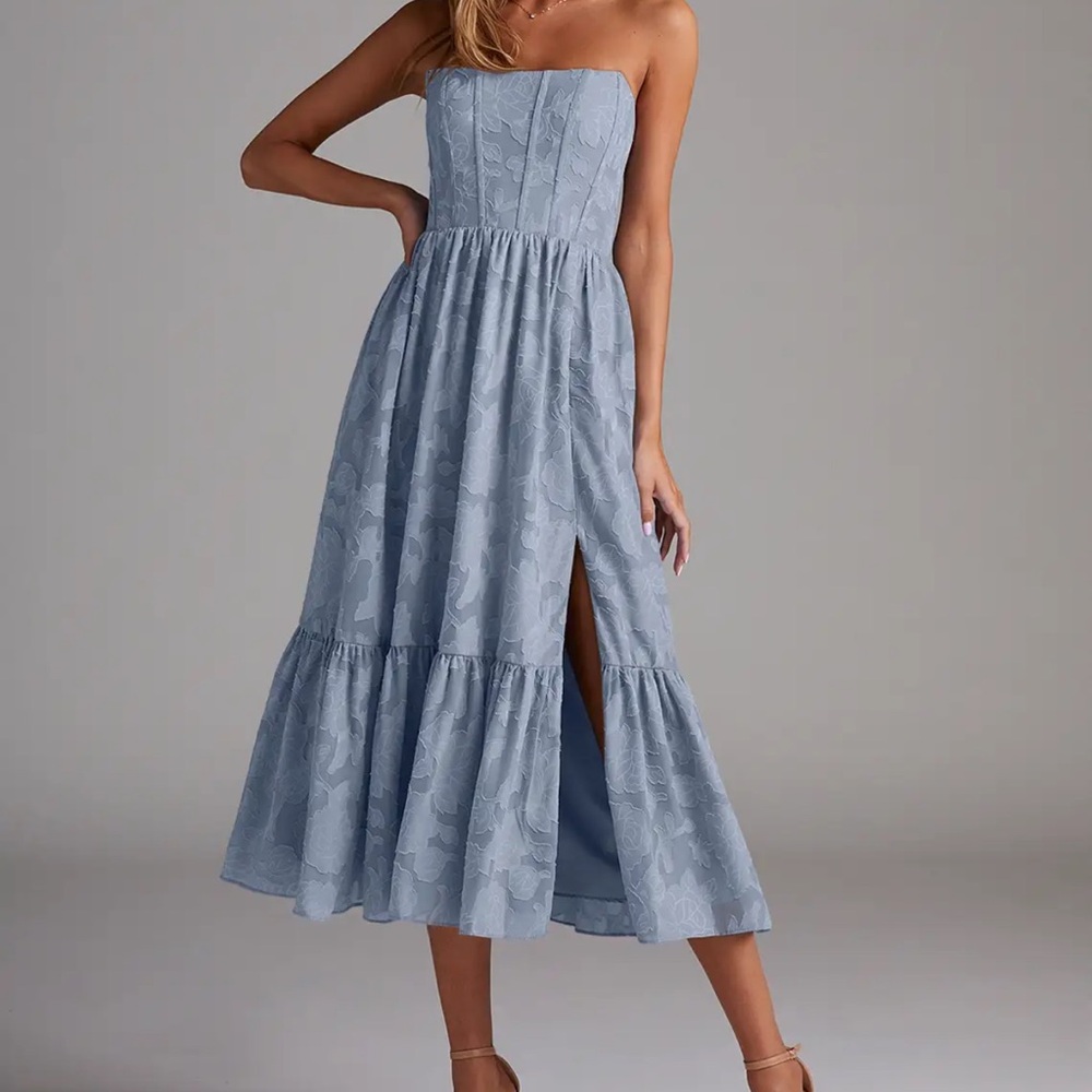 Azazie Delphina Strapless Midi Dress in Dusty Blue